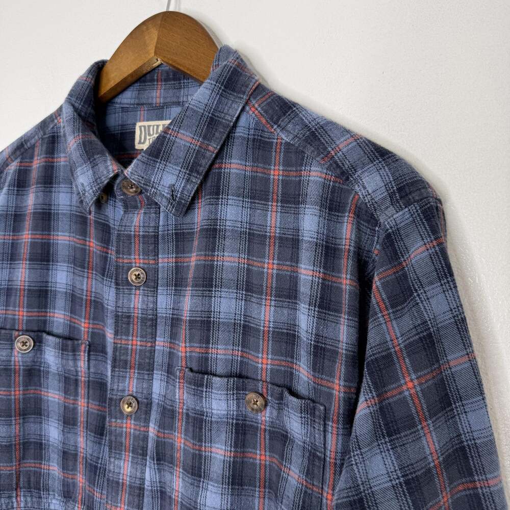 Duluth Trading Blue Plaid Flannel Shirt Mens Large Button Up Long Sleeve